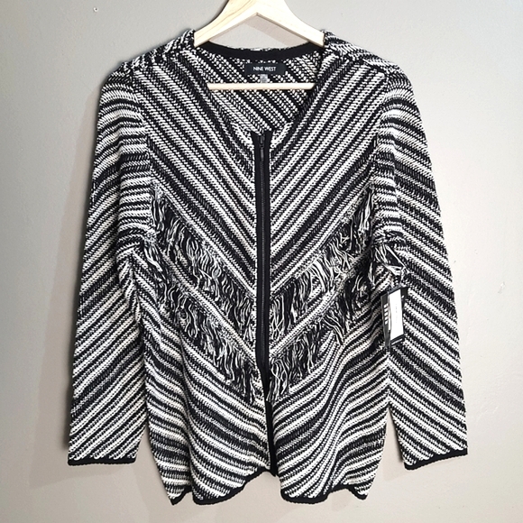 Nine West NWT Classic Black & White Striped Knit Fringe Zip-Up Jacket SIZE SMALL - Picture 3 of 12